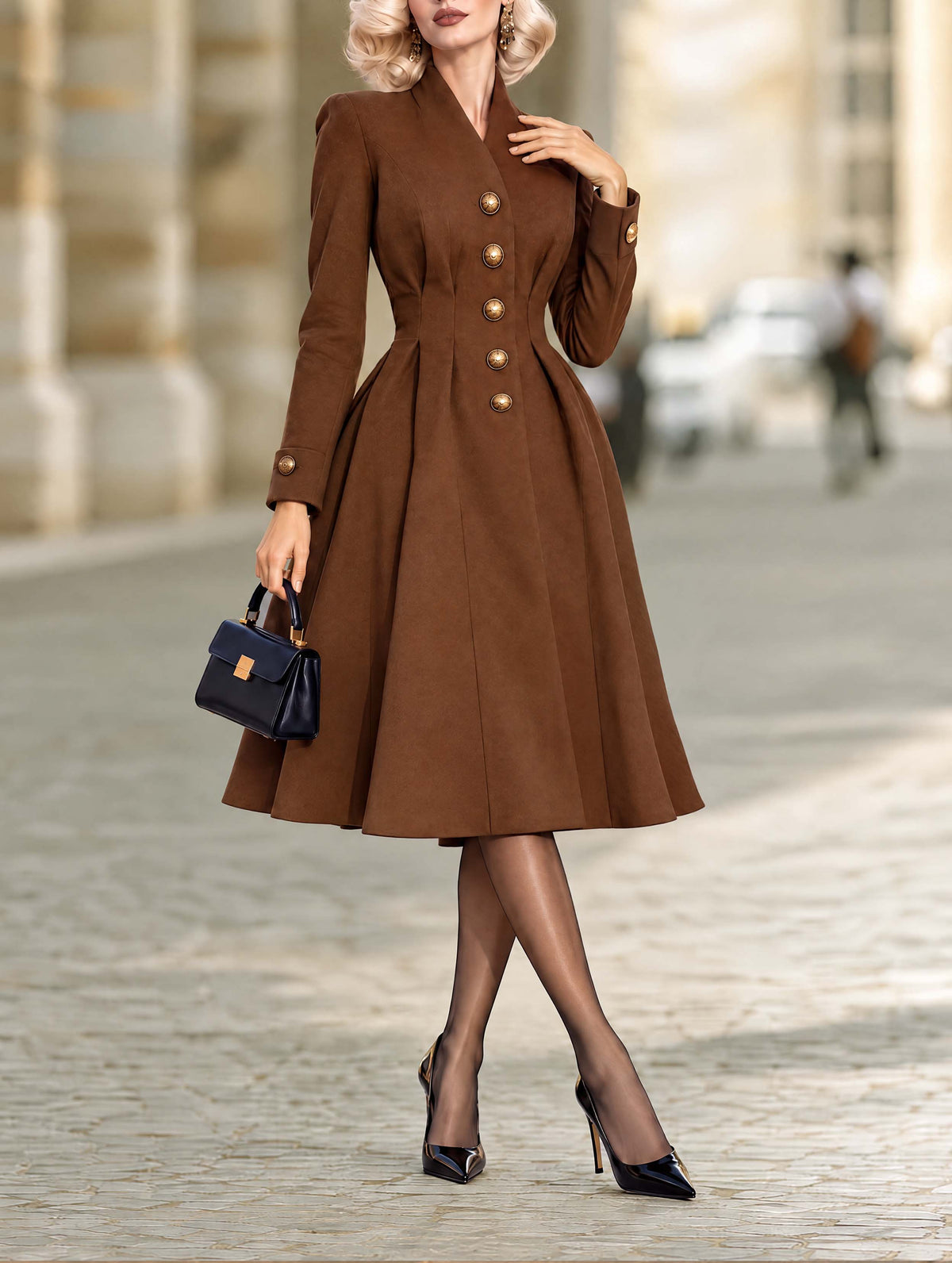 Vintage Waist Pleated Wool Look Midi Coat