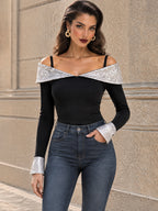 Vintage Black Sequin Off Shoulder Long Sleeve T-shirt