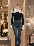 Vintage Black Sequin Off Shoulder Long Sleeve T-shirt
