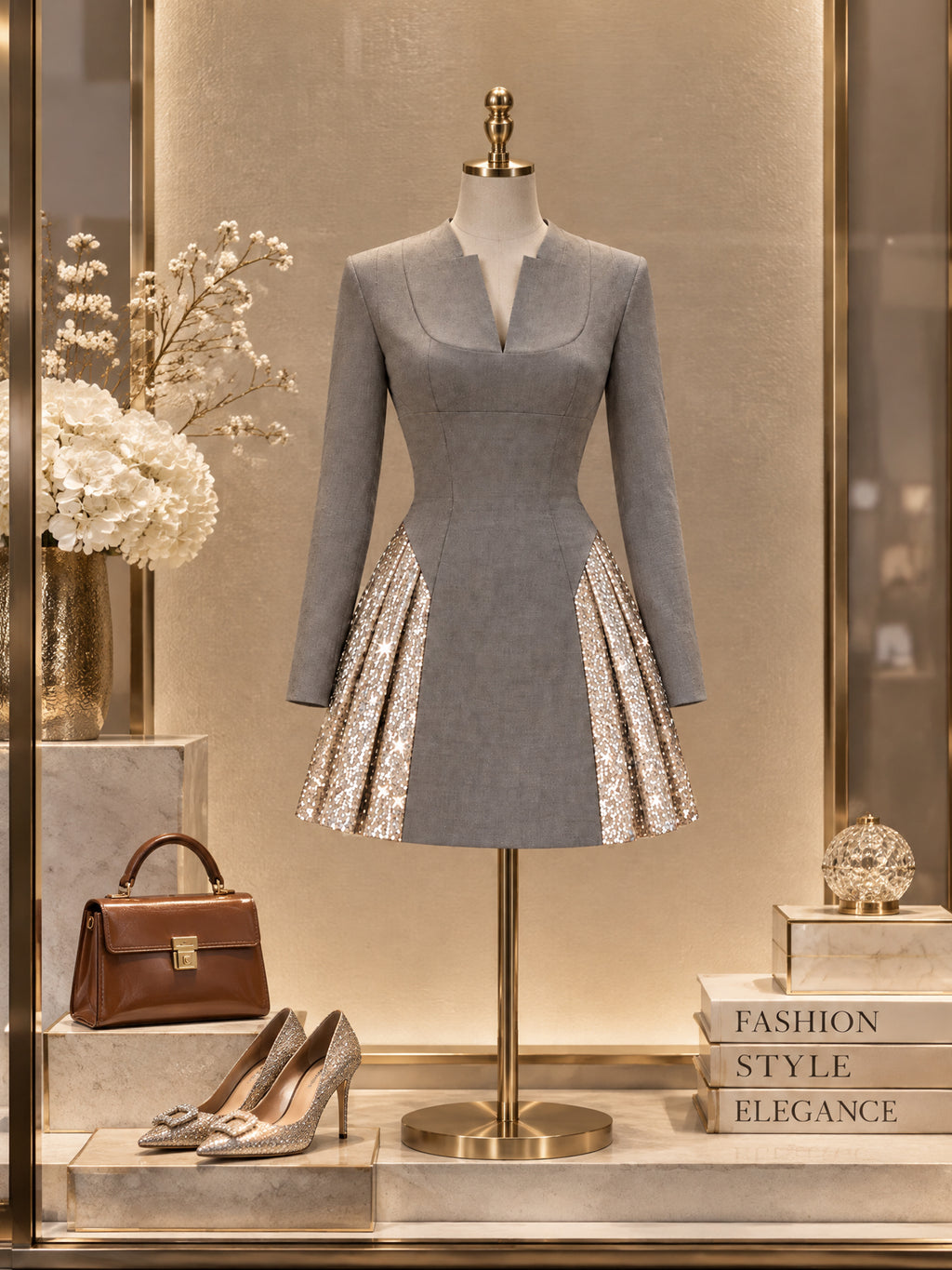 Vintage Grey Sequin Pleated Long Sleeve Mini Dress