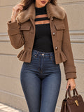 Vintage Brown Faux Fur Collar Peplum Cropped Jacket