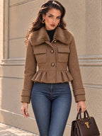 Vintage Brown Faux Fur Collar Peplum Cropped Jacket