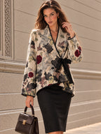 Vintage Beige Floral Wool Blend Tie Wrap Coat