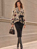 Vintage Beige Floral Wool Blend Tie Wrap Coat