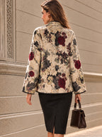 Vintage Beige Floral Wool Blend Tie Wrap Coat