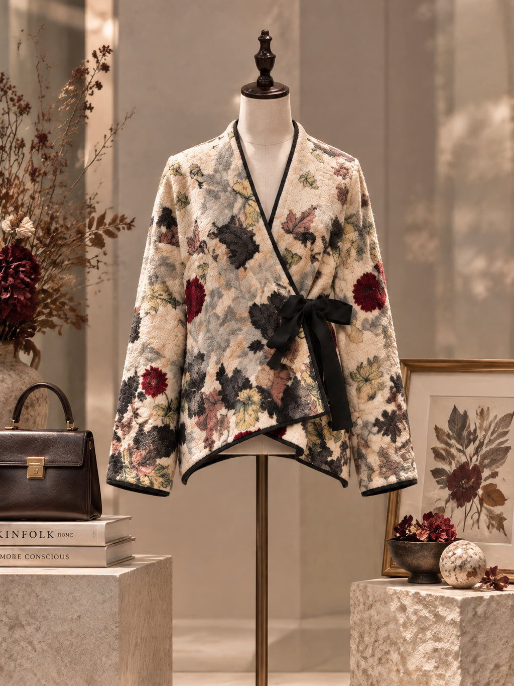 Vintage Beige Floral Wool Blend Tie Wrap Coat