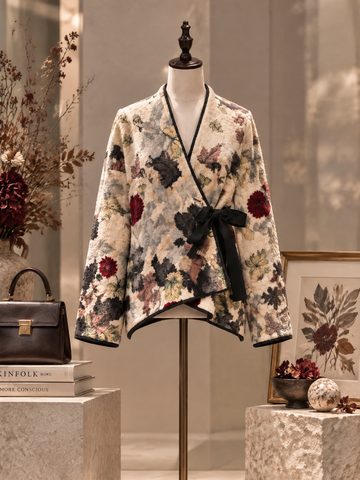 Vintage Beige Floral Wool Blend Tie Wrap Coat