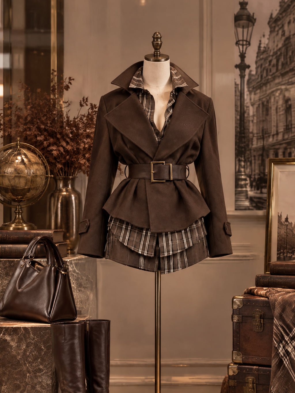 Vintage Brown Wool Blend Wide Lapel Peplum Jacket WIith Belt