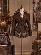 Vintage Brown Wool Blend Wide Lapel Peplum Jacket WIith Belt