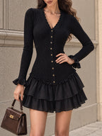 Vintage Black Scalloped V Neck Tiered Ruffle Dress