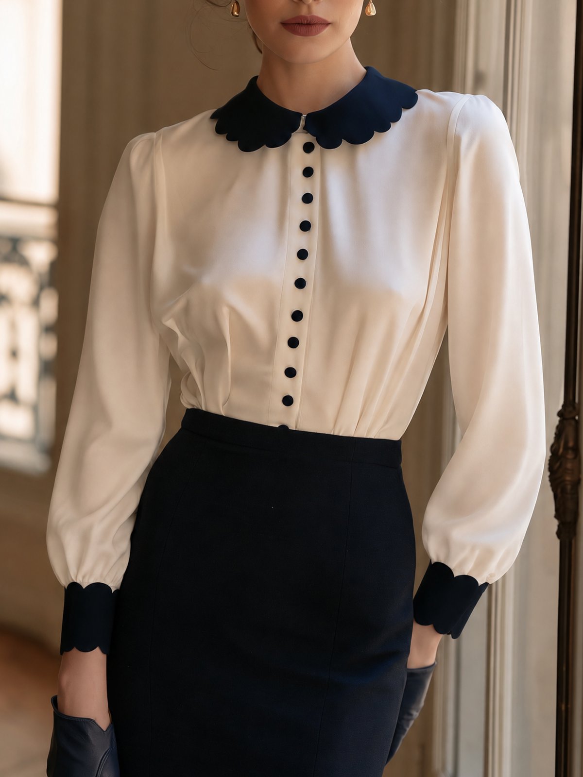 Vintage white black scalloped Peter Pan collar cuffs L/S button front blouse