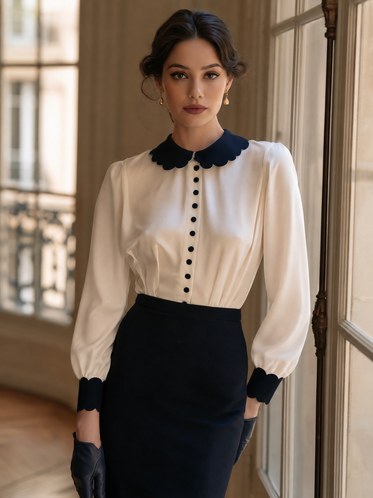 Vintage white black scalloped Peter Pan collar cuffs L/S button front blouse