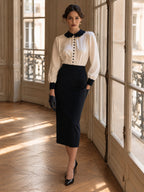 Vintage white black scalloped Peter Pan collar cuffs L/S button front blouse