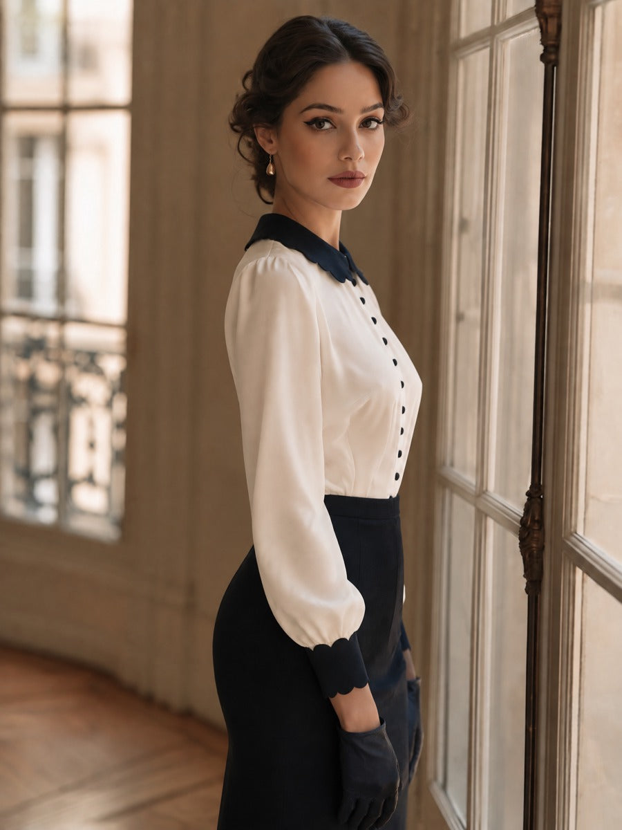 Vintage white black scalloped Peter Pan collar cuffs L/S button front blouse