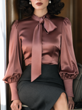 Vintage Dusty Rose Satin Tie-Neck Puff Sleeves And Button Cuffs Blouse