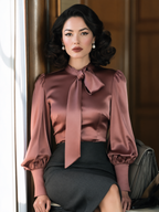 Vintage Dusty Rose Satin Tie-Neck Puff Sleeves And Button Cuffs Blouse