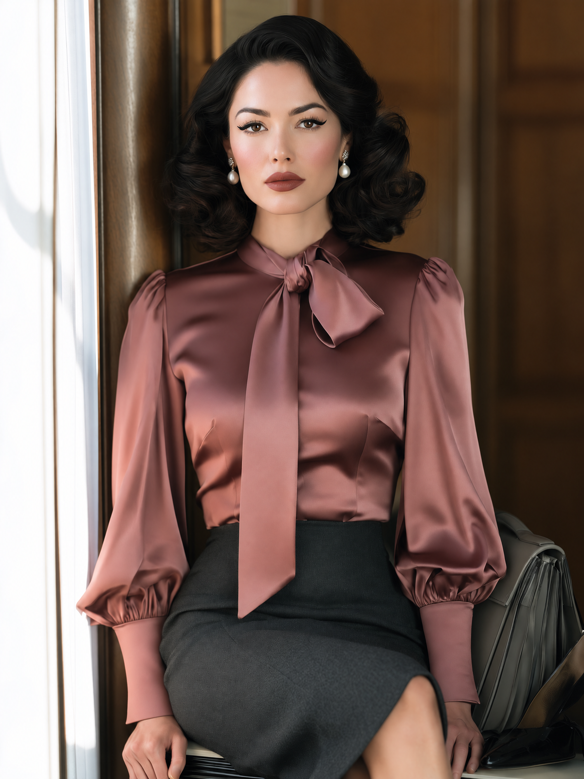 Vintage Dusty Rose Satin Tie-Neck Puff Sleeves And Button Cuffs Blouse