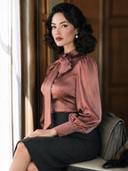 Vintage Dusty Rose Satin Tie-Neck Puff Sleeves And Button Cuffs Blouse