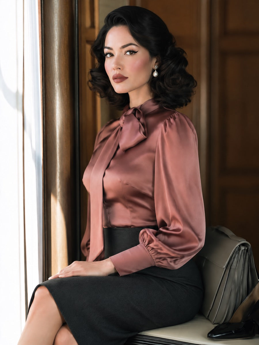 Vintage Dusty Rose Satin Tie-Neck Puff Sleeves And Button Cuffs Blouse