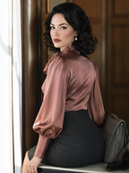 Vintage Dusty Rose Satin Tie-Neck Puff Sleeves And Button Cuffs Blouse