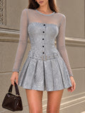 Vintage Grey Sparkle Mesh Sleeve Pleated Mini Dress