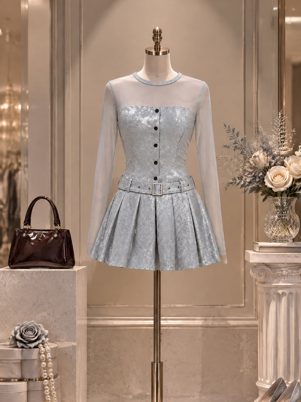 Vintage Grey Sparkle Mesh Sleeve Pleated Mini Dress