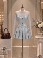 Vintage Grey Sparkle Mesh Sleeve Pleated Mini Dress