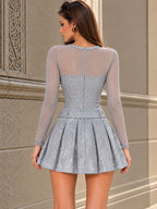Vintage Grey Sparkle Mesh Sleeve Pleated Mini Dress