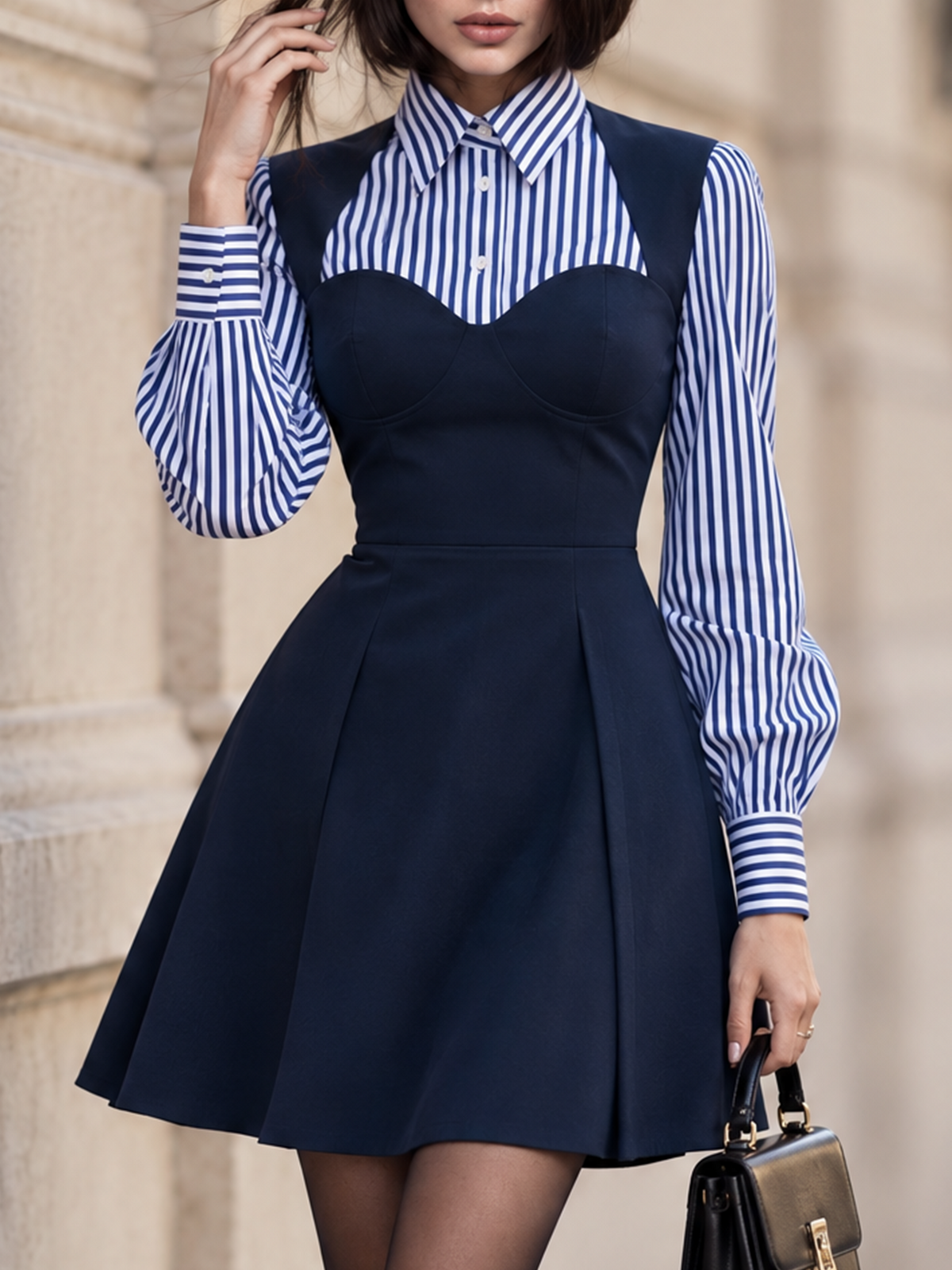 Vintage Striped Shirt Layered Bust Fit Flare Mini Dress