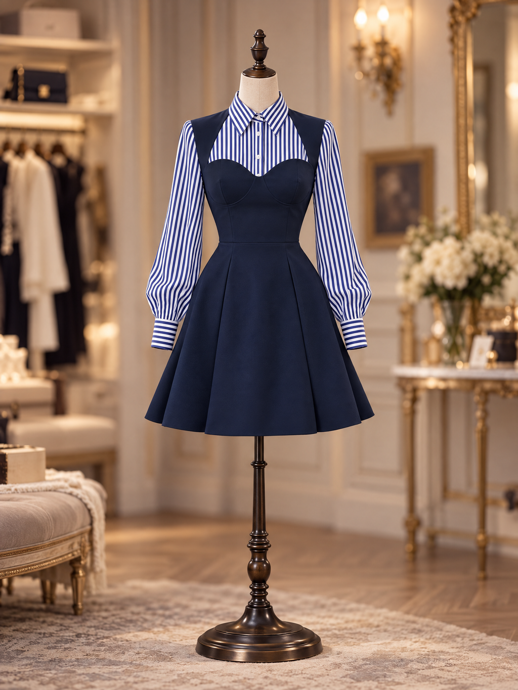 Vintage Striped Shirt Layered Bust Fit Flare Mini Dress