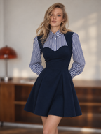 Vintage Striped Shirt Layered Bust Fit Flare Mini Dress