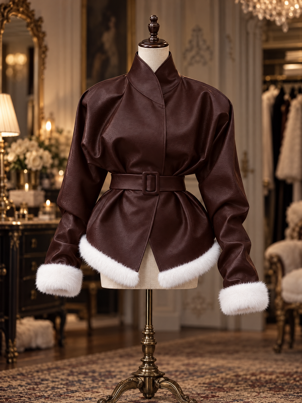 Vintage Pu Leather Faux Fur Trim Belted Wrap Jacket