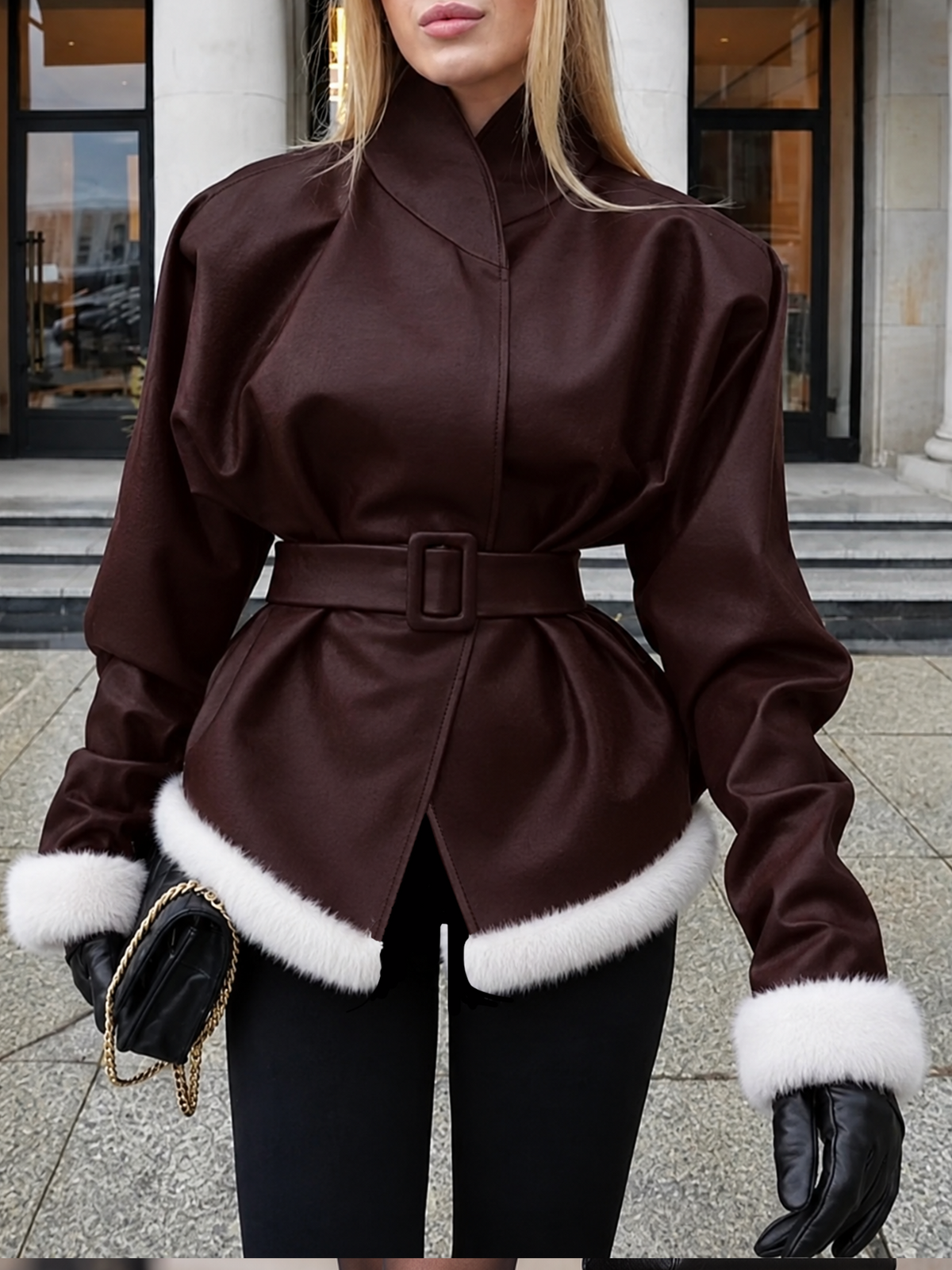 Vintage Pu Leather Faux Fur Trim Belted Wrap Jacket