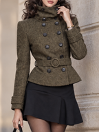 Vintage Olive Tweed High Neck Double Breasted Belted A Line Wool Waist Coat