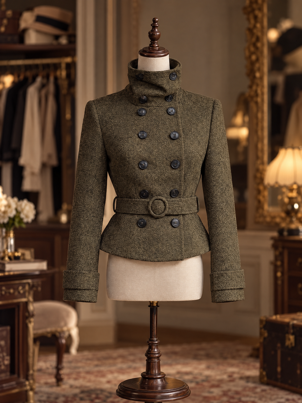 Vintage Olive Tweed High Neck Double Breasted Belted A Line Wool Waist Coat