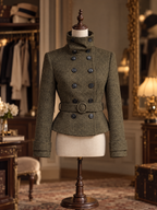 Vintage Olive Tweed High Neck Double Breasted Belted A Line Wool Waist Coat