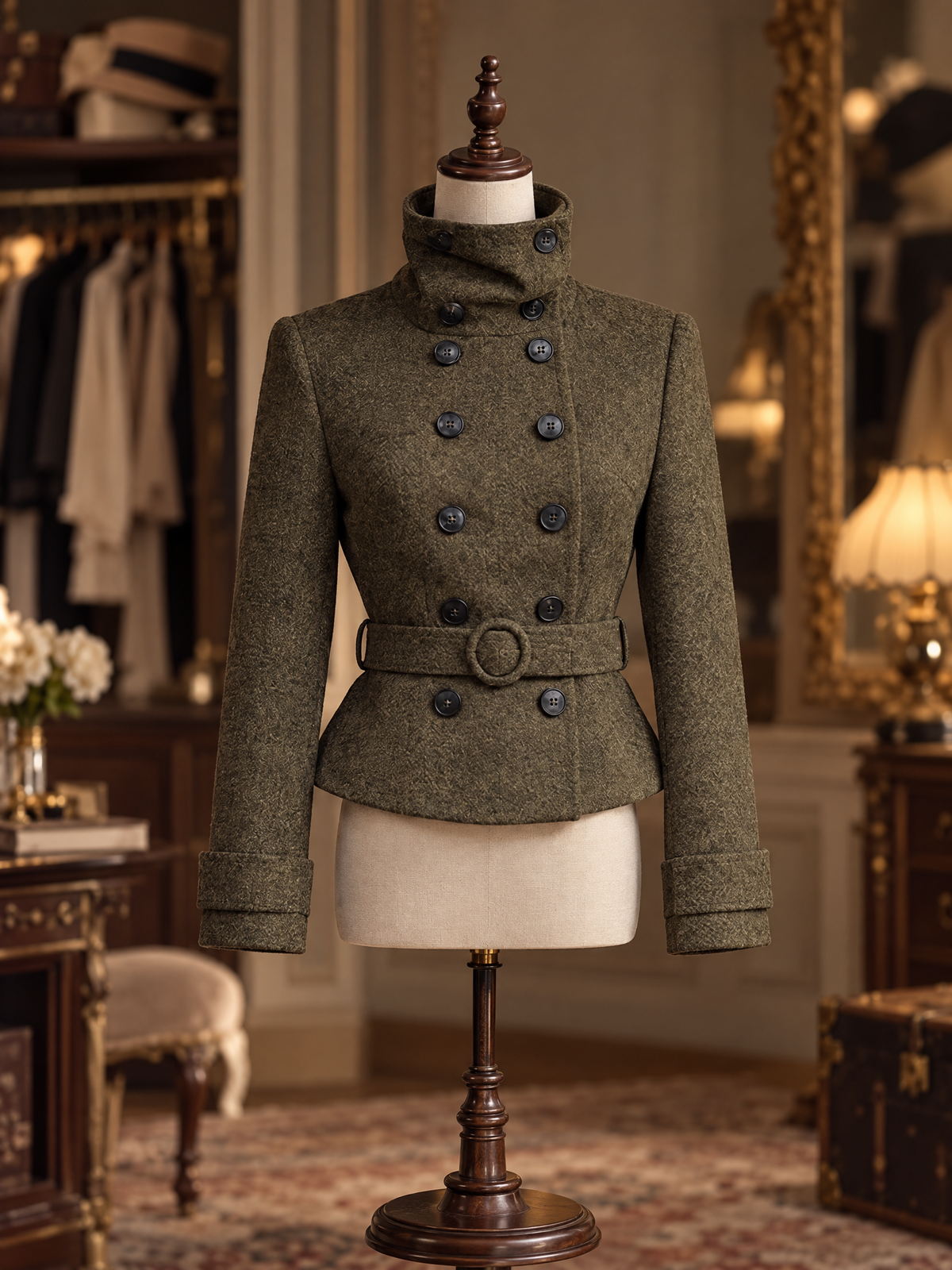Vintage Olive Tweed High Neck Double Breasted Belted A Line Wool Waist Coat