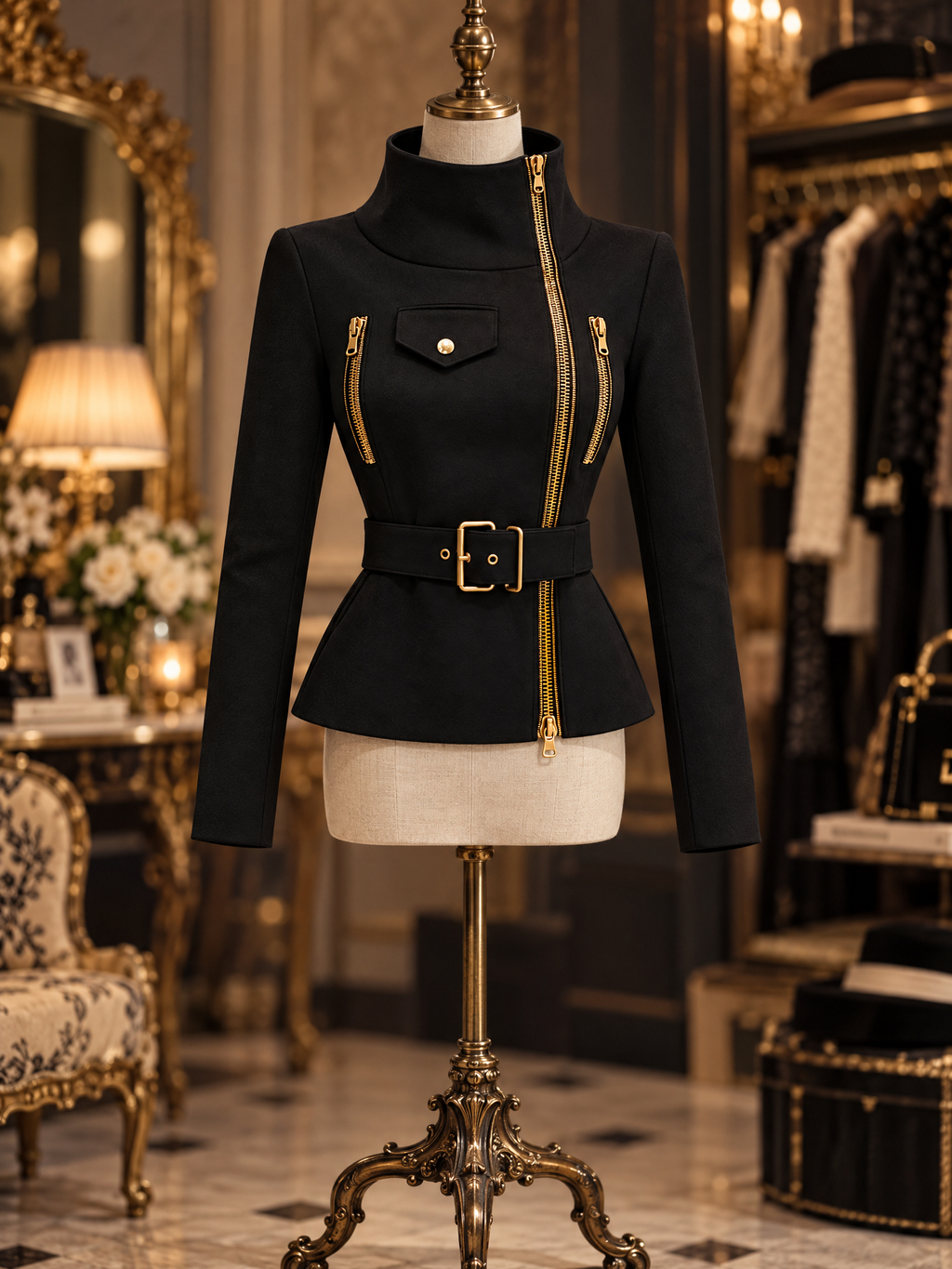 Vintage Black High Neck Gold Zip Belted Peplum Long Sleeve Jacket