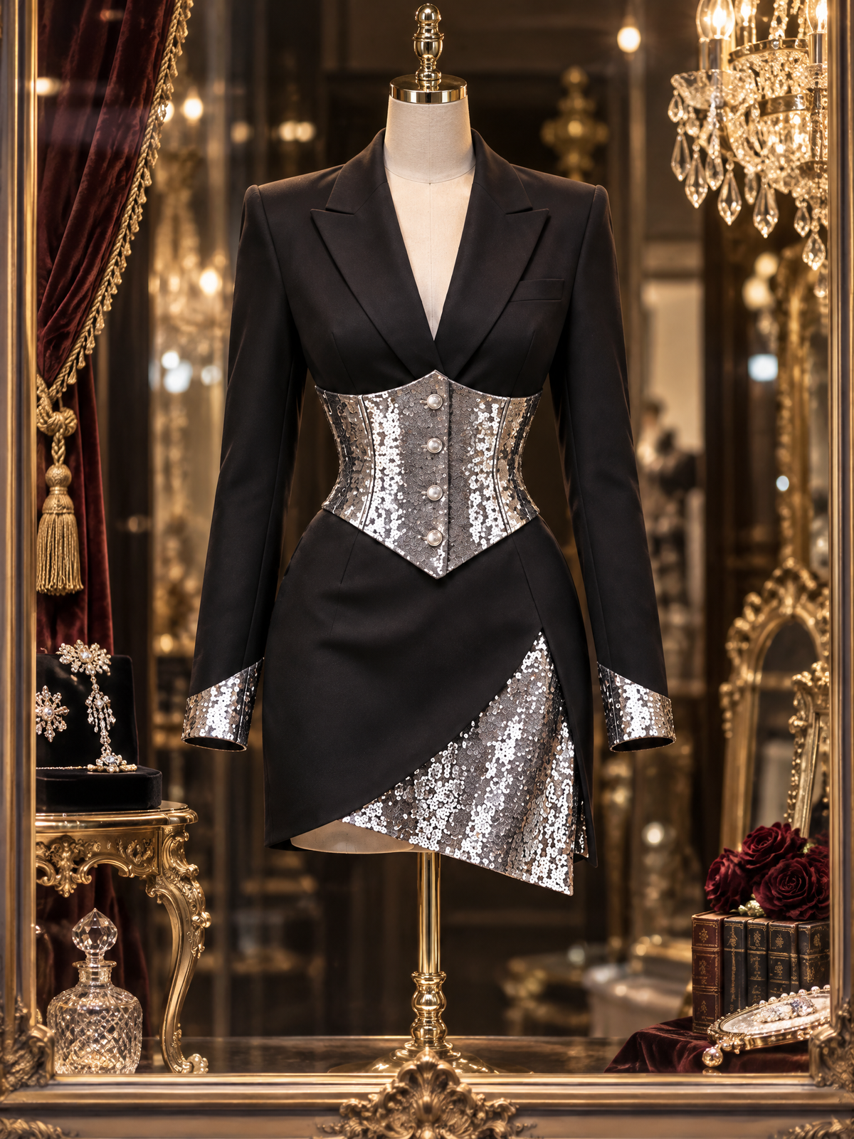 Vintage Sequin Patchwork Blazer Mini Dress