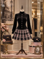 Vintage Black Velvet Plaid Pleated Mini Dress