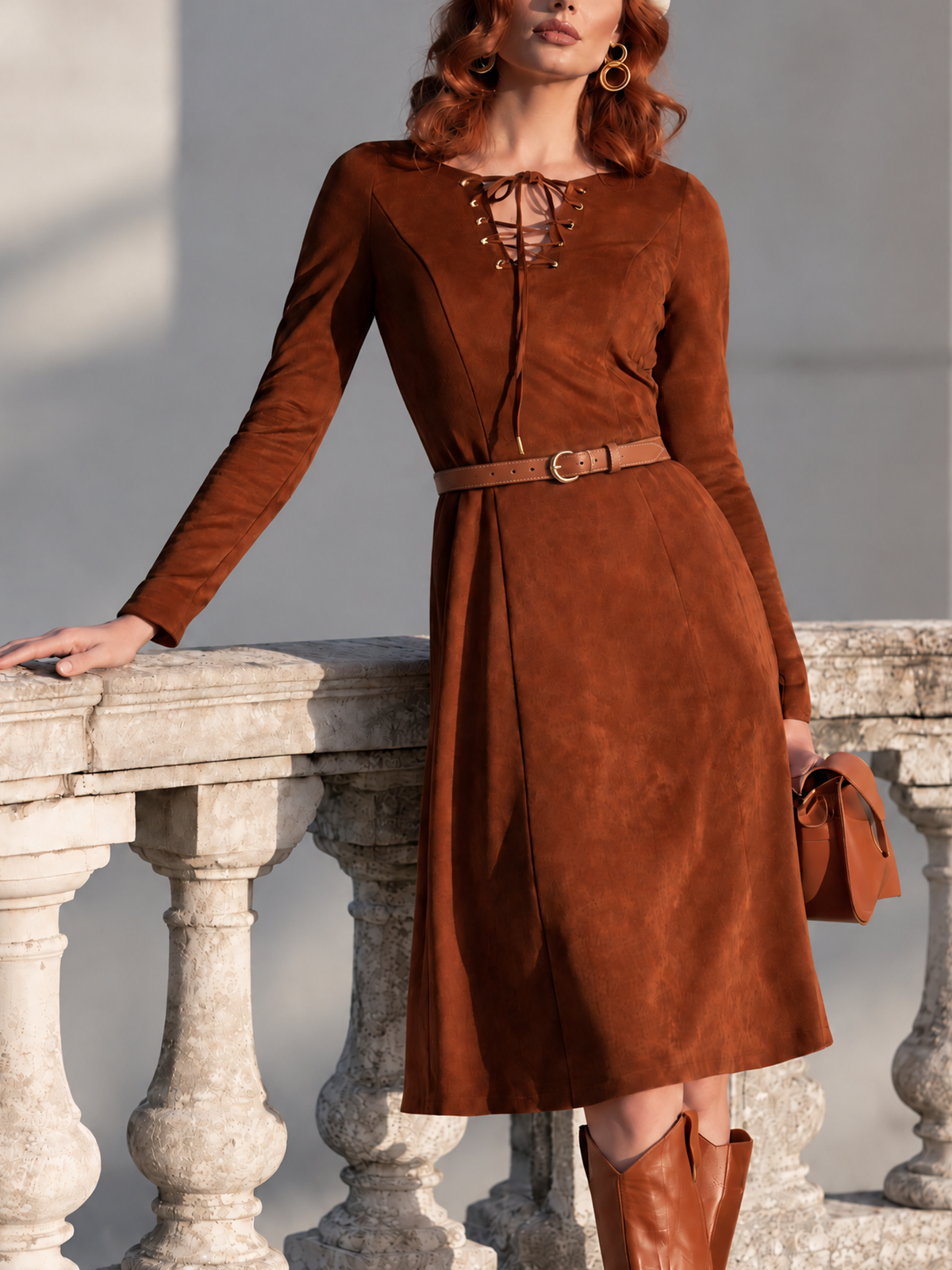 Vintage Rust Brown Faux Suede Lace-Up Neck Long Sleeve A-Line Midi Dress