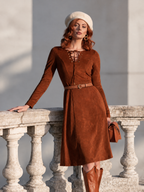Vintage Rust Brown Faux Suede Lace-Up Neck Long Sleeve A-Line Midi Dress