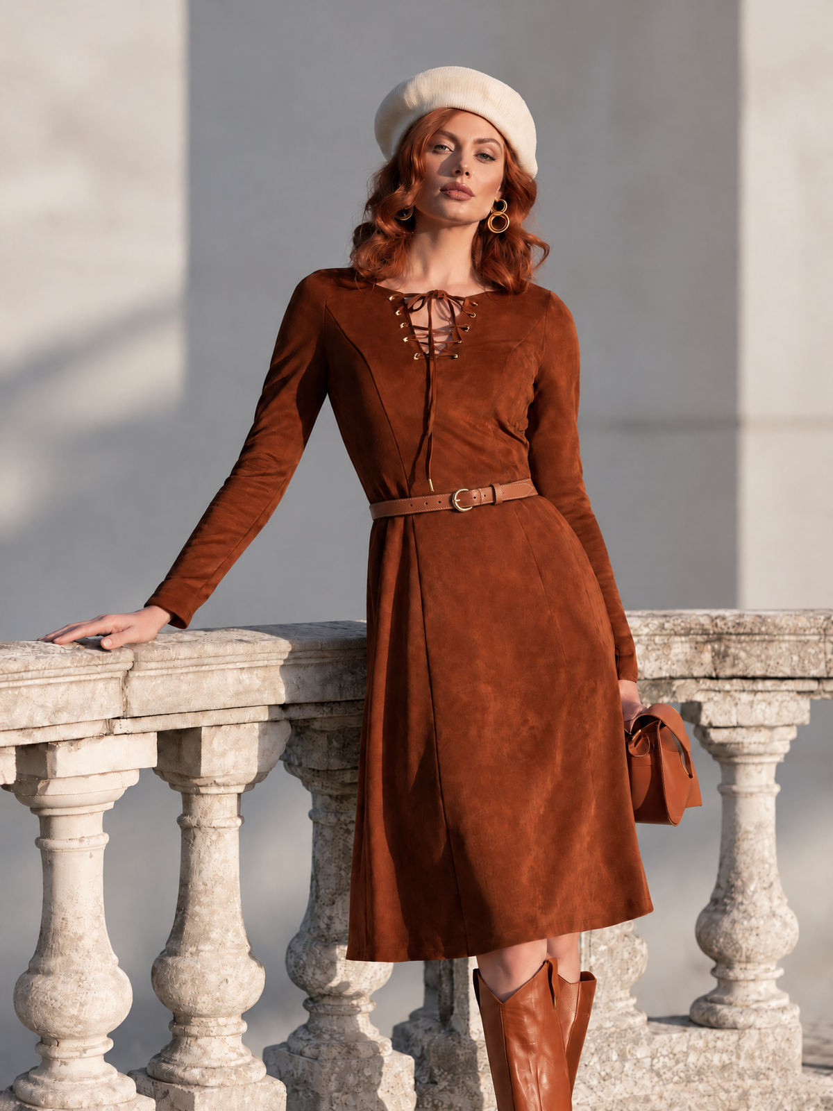 Vintage Rust Brown Faux Suede Lace-Up Neck Long Sleeve A-Line Midi Dress