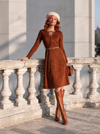 Vintage Rust Brown Faux Suede Lace-Up Neck Long Sleeve A-Line Midi Dress