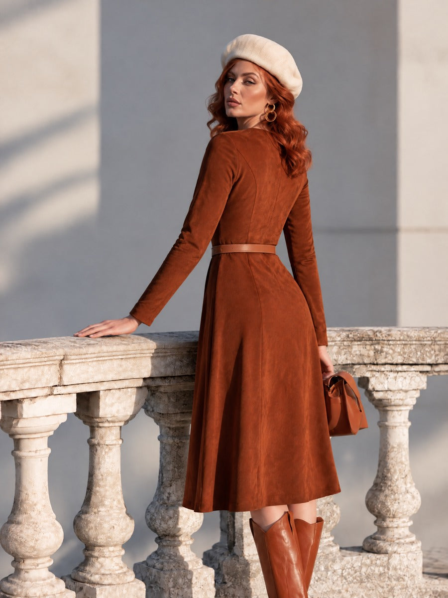 Vintage Rust Brown Faux Suede Lace-Up Neck Long Sleeve A-Line Midi Dress