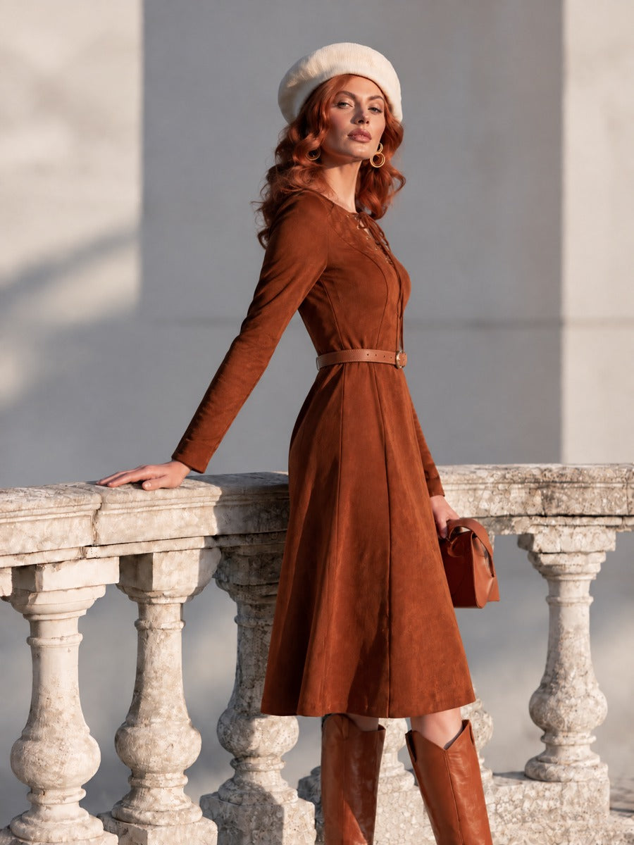 Vintage Rust Brown Faux Suede Lace-Up Neck Long Sleeve A-Line Midi Dress
