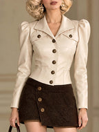 Vintage Puff Sleeve Faux Leather Cropped Jacket