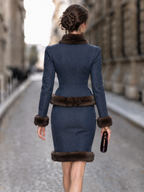 Vintage Faux Denim Patchwork Faux Fur Collar Two-Piece Skrit Set