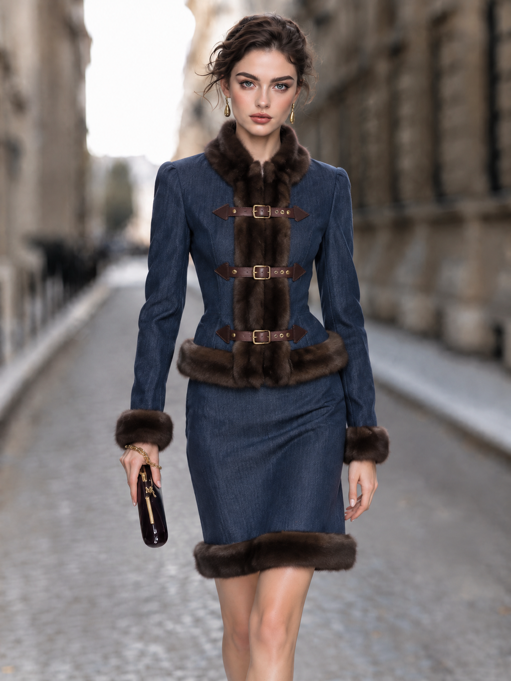 Vintage Faux Denim Patchwork Faux Fur Collar Two-Piece Skrit Set