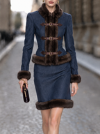 Vintage Faux Denim Patchwork Faux Fur Collar Two-Piece Skrit Set